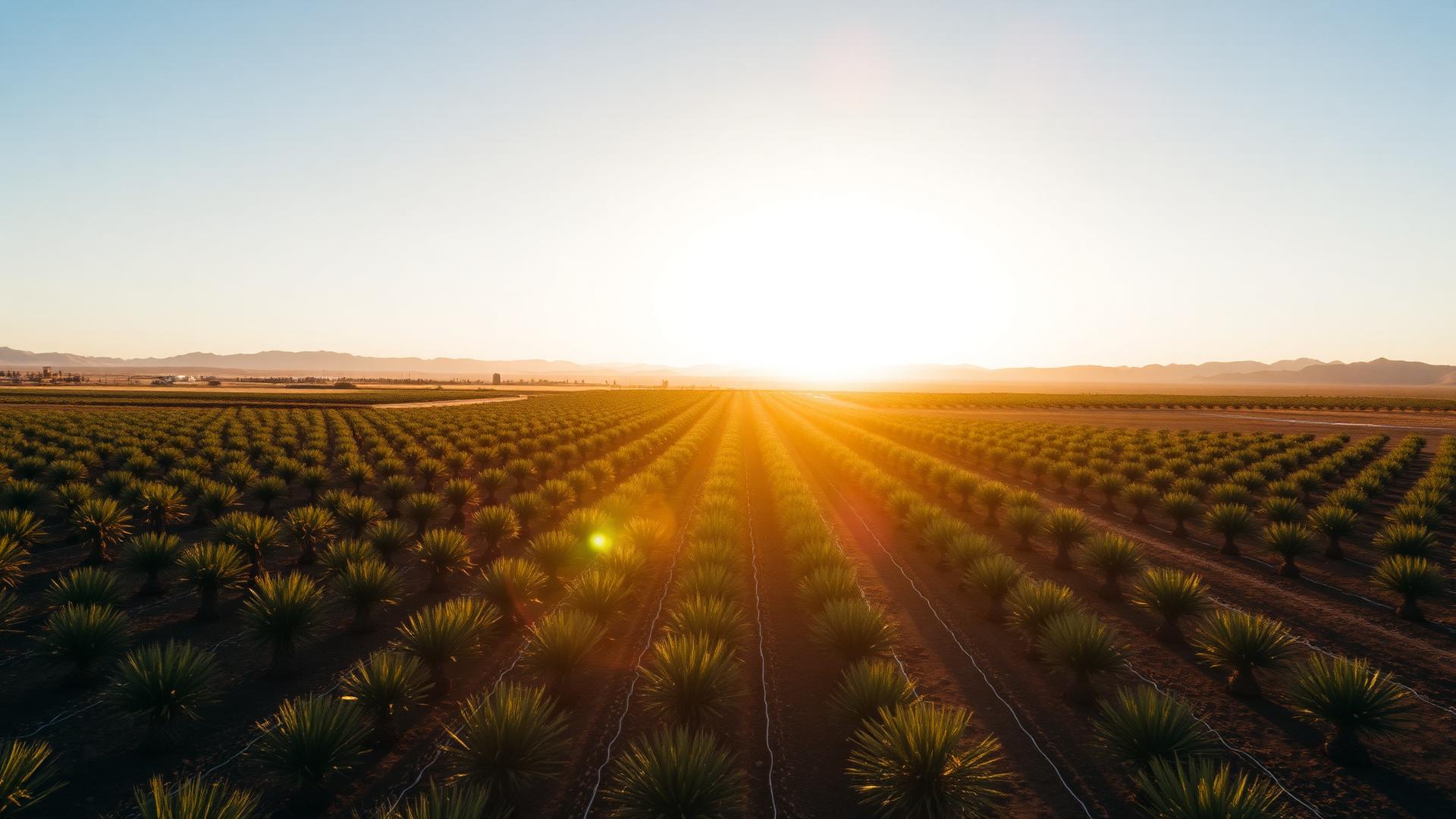 Rows of young trees and palms growing on a Global Trading farm at sunrise